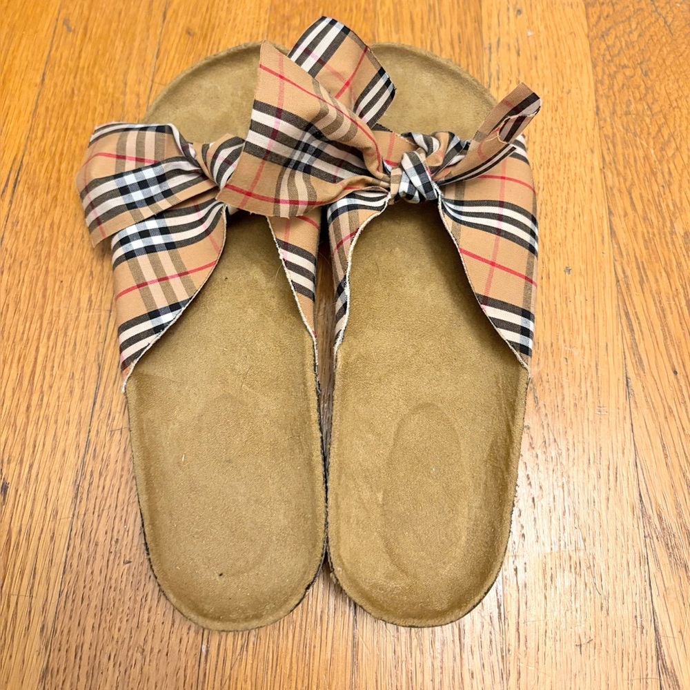 Plaid Bow Slip-On Sandals